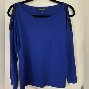 Roz&Ali, Women’s XS Blue Sweater, Cold Shoulder black jeweled trimmed.